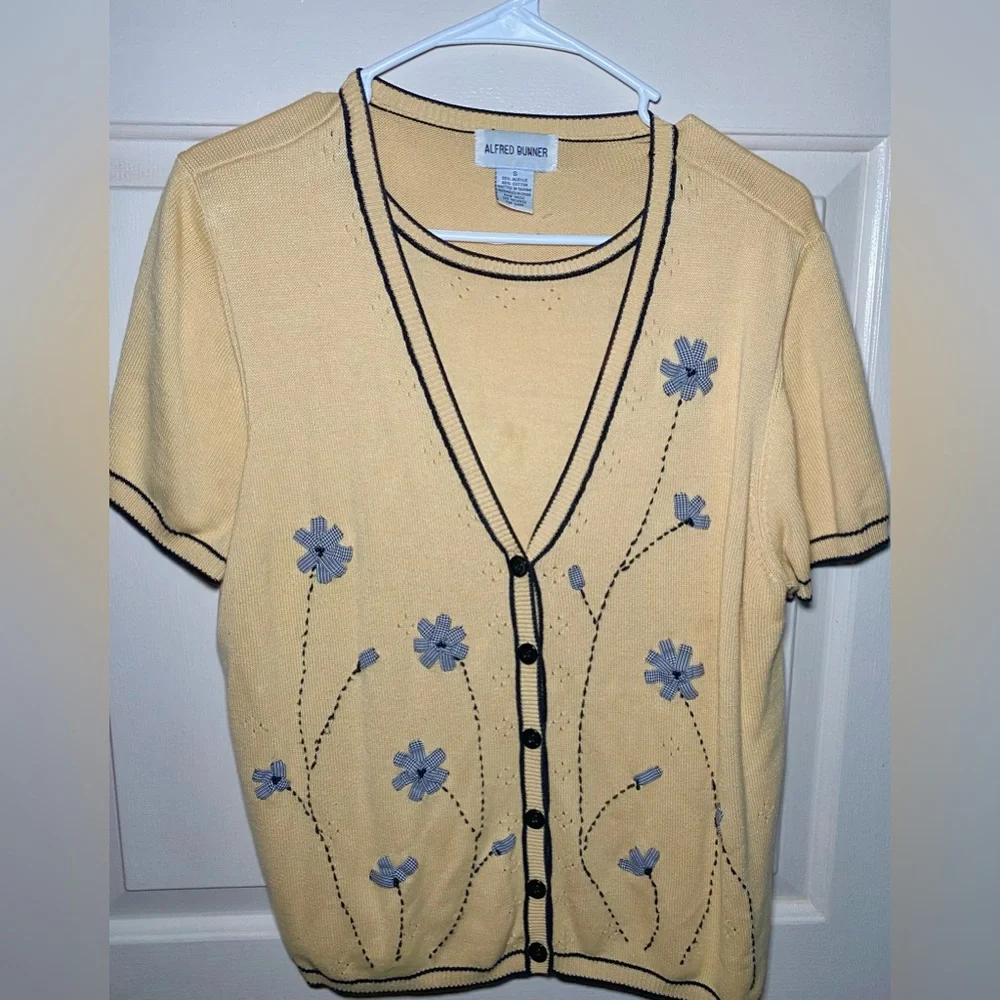Vintage Alfred Dunner‎ Women Floral Short Sleeve Lined Cardigan Sweater Yellow S